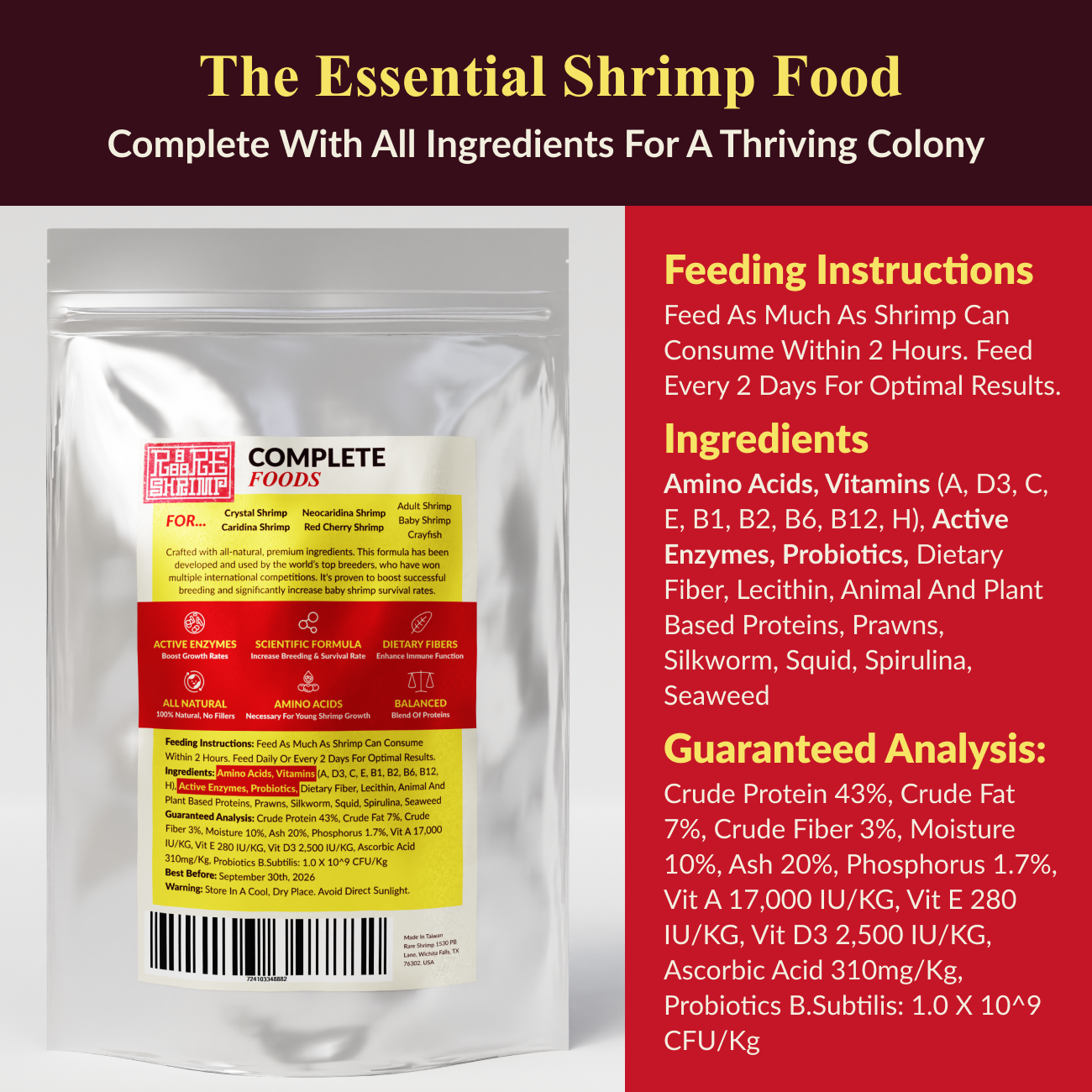 Rare Shrimp Professional Shrimp Food for Crystal Shrimp, Caridina, Neocaridina, Ornamental Shrimp - 5 gram SAMPLE PACK